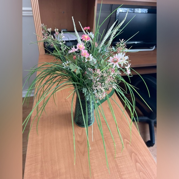 Artificial flowers in a tin pitcher decoration - Picture 1 of 4